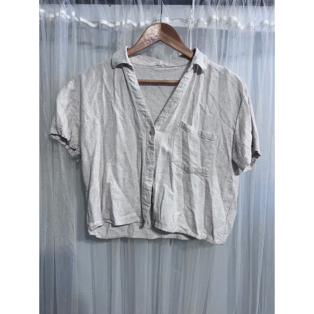 Love Notes Womens Large Oatmeal Beige Linen Blend Short Sleeve Cropped Top